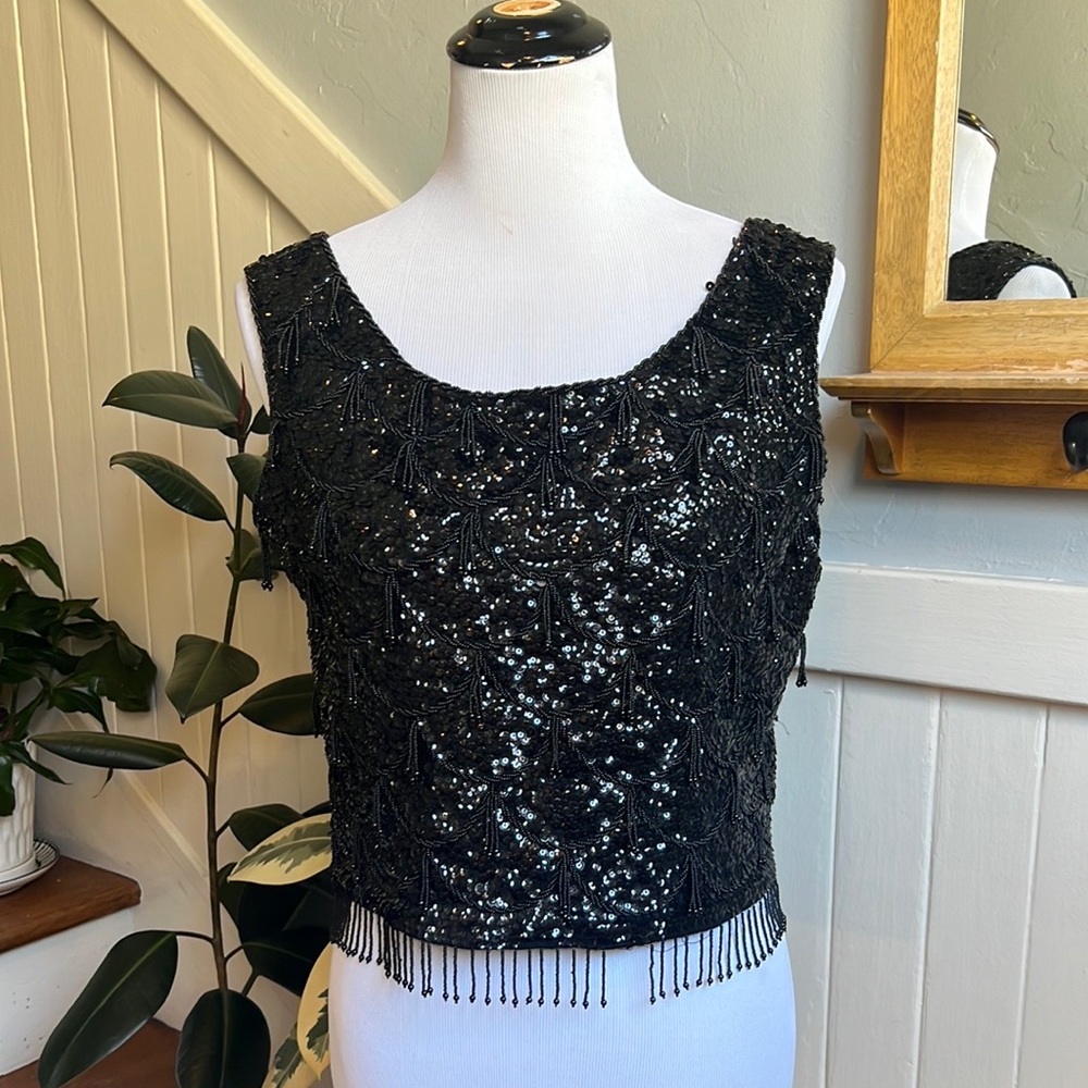 Vintage Black Embellished Beaded Crop Tank Top